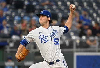 Sep 21, 2022; Kansas City, Missouri, USA; Kansas City Royals starting pitcher Daniel Lynch (52) delivers a pitch during the first inning against the Minnesota Twins at Kauffman Stadium. Mandatory Credit: Peter Aiken-USA TODAY Sports