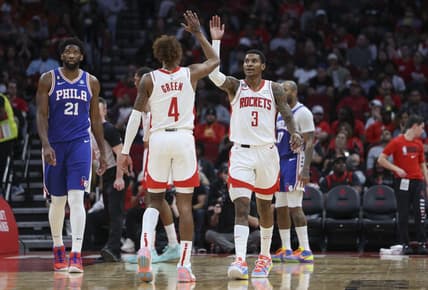 Dec 5, 2022; Houston, Texas, USA; Houston Rockets guard Kevin Porter Jr. (3) and guard Jalen Green (4) react after a play during the third quarter against the Philadelphia 76ers at Toyota Center. Mandatory Credit: Troy Taormina-USA TODAY Sports