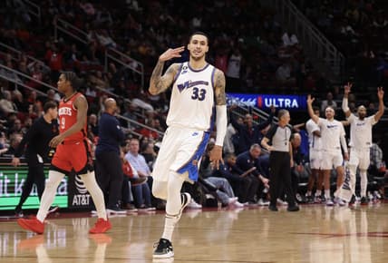 Jan 25, 2023; Houston, Texas, USA; Washington Wizards forward Kyle Kuzma (33) celebrates his three point basket against the Houston Rockets in the fourth quarter at Toyota Center. Mandatory Credit: Thomas Shea-USA TODAY Sports