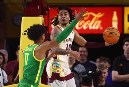 Feb 4, 2023; Tempe, Arizona, USA; Arizona State Sun Devils guard Frankie Collins (10) against the Oregon Ducks in the first half at Desert Financial Arena. Mandatory Credit: Mark J. Rebilas-USA TODAY Sports