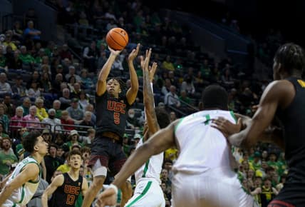 USC guard Boogie Ellis puts up a shot as the Oregon Ducks host the Southern California Trojans Thursday, Feb. 9, 2023, at Matthew Knight Arena in Eugene, Ore.

Ncaa Basketball Usc At Oregon Mbb Southern California At Oregon