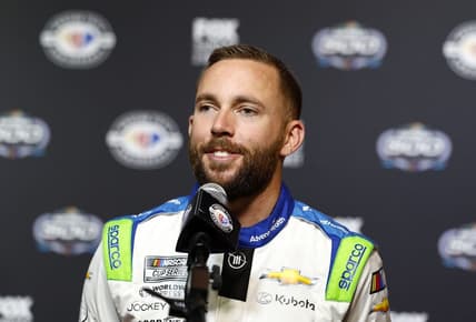 Feb 15, 2023; Daytona Beach, Florida, USA; NASCAR Cup Series driver Ross Chastain (1) speaks to the media at Daytona International Speedway. Mandatory Credit: Mike Dinovo-USA TODAY Sports