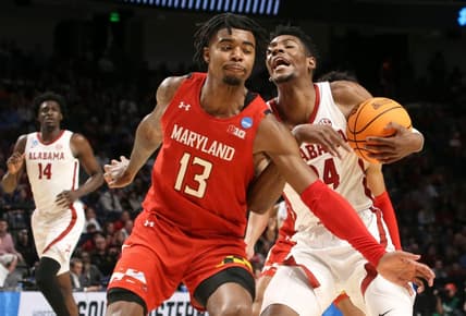 Mar 18, 2023; Birmingham, AL, USA; Alabama forward Brandon Miller (24) slips past Maryland guard Hakim Hart (13) on a drive to the basket at Legacy Arena during the second round of the NCAA Tournament. Mandatory Credit: Gary Cosby Jr.-Tuscaloosa News

Ncaa Basketball March Madness Alabama Vs Maryland
