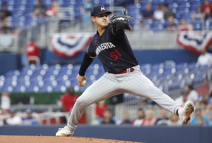 Apr 3, 2023; Miami, Florida, USA;  Minnesota Twins starting pitcher Tyler Mahle (51) pitches against the Miami Marlins during the first inning at loanDepot Park. Mandatory Credit: Rhona Wise-USA TODAY Sports