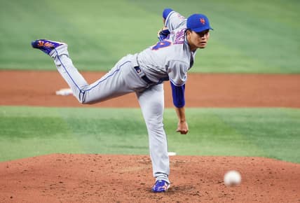 Apr 2, 2023; Miami, Florida, USA;  New York Mets starting pitcher Kodai Senga (34) pitches against the Miami Marlins in the first inning at loanDepot Park. Mandatory Credit: Rhona Wise-USA TODAY Sports