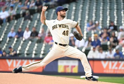 May 23, 2023; Milwaukee, Wisconsin, USA; Milwaukee Brewers starting pitcher Colin Rea (48) delivers a pitch against the Houston Astros in the first inning at American Family Field. Mandatory Credit: Michael McLoone-USA TODAY Sports