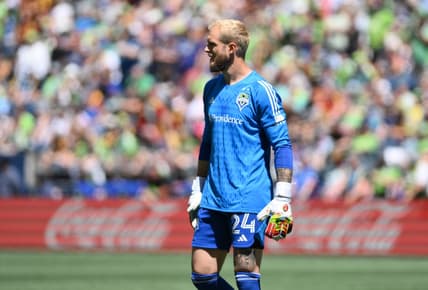 Jun 3, 2023; Seattle, WA, USA; Seattle Sounders goalkeeper Stefan Frei (24) in action against the Portland Timbers in a MLS game at Lumen Field. Mandatory Credit: Steven Bisig-USA TODAY Sports