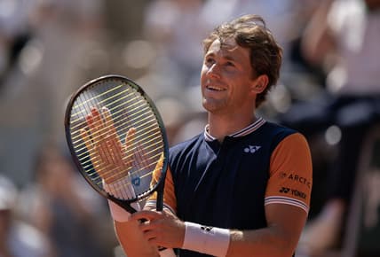 Jun 5 2023; Paris, France; Casper Ruud (NOR) celebrates after defeating Nicolas Jarry (CHI) on day nine at Stade Roland-Garros. Mandatory Credit: Susan Mullane-USA TODAY Sports