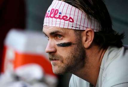 Philadelphia Phillies designated hitter Bryce Harper (3) reacts after grounding out against the Arizona Diamondbacks in the first inning at Chase Field in Phoenix on June 12, 2023.