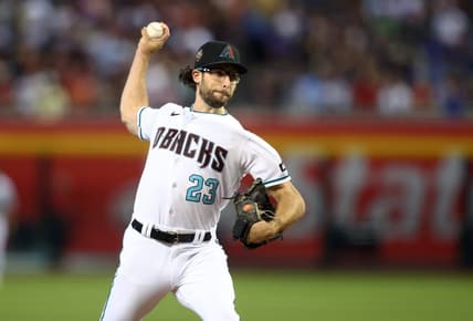 Jun 27, 2023; Phoenix, Arizona, USA; Arizona Diamondbacks pitcher Zac Gallen against the Tampa Bay Rays at Chase Field. Mandatory Credit: Mark J. Rebilas-USA TODAY Sports