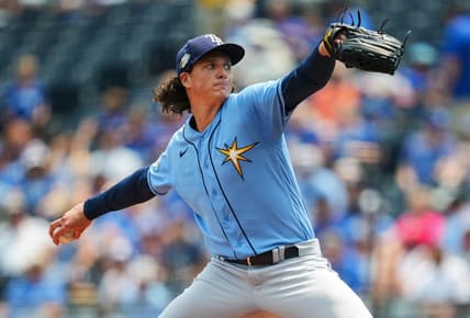 Jul 15, 2023; Kansas City, Missouri, USA; Tampa Bay Rays starting pitcher Tyler Glasnow (20) pitches during the first inning against the Kansas City Royals at Kauffman Stadium. Mandatory Credit: Jay Biggerstaff-USA TODAY Sports