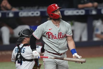 Jul 31, 2023; Miami, Florida, USA; Philadelphia Phillies designated hitter Bryce Harper (3) strikes out against the Miami Marlins in the fifth inning at loanDepot Park. Mandatory Credit: Jim Rassol-USA TODAY Sports