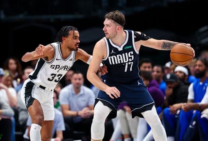 Dec 23, 2023; Dallas, Texas, USA; Dallas Mavericks guard Luka Doncic (77) controls the ball as San Antonio Spurs guard Tre Jones (33) defends during the second quarter at American Airlines Center. Mandatory Credit: Kevin Jairaj-USA TODAY Sports