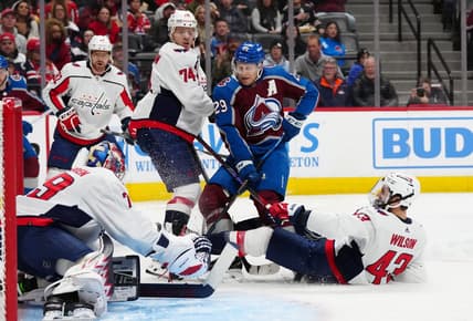 Jan 24, 2024; Denver, Colorado, USA; Colorado Avalanche center Nathan MacKinnon (29) shoots on Washington Capitals defenseman John Carlson (74) and goaltender Charlie Lindgren (79) and right wing Tom Wilson (43) in the second period at Ball Arena. Mandatory Credit: Ron Chenoy-USA TODAY Sports