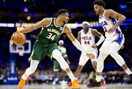 Feb 25, 2024; Philadelphia, Pennsylvania, USA; Milwaukee Bucks forward Giannis Antetokounmpo (34) controls the ball against Philadelphia 76ers forward Tobias Harris (12) during the second quarter at Wells Fargo Center. Mandatory Credit: Bill Streicher-USA TODAY Sports