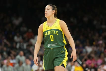 Aug 5, 2023; Phoenix, Arizona, USA; Seattle Storm guard Kia Nurse (0) looks on against the Phoenix Mercury during the second half at Footprint Center. Mandatory Credit: Joe Camporeale-USA TODAY Sports