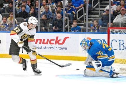 St. Louis Blues goaltender Joel Hofer makes a save on Cole Reinhardt 11/15/2025 (Photo/Screenshot- St. Louis Blues via Twitter)