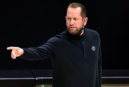 May 4, 2021; Los Angeles, California, USA; Toronto Raptors head coach Nick Nurse during the first half against the LA Clippers at Staples Center. Mandatory Credit: Robert Hanashiro-USA TODAY Sports
