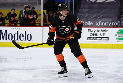 Apr 11, 2021; Philadelphia, Pennsylvania, USA; Philadelphia Flyers center Nolan Patrick (19) skates through the offensive zone in the second period against the Buffalo Sabres at Wells Fargo Center. Mandatory Credit: Kyle Ross-USA TODAY Sports