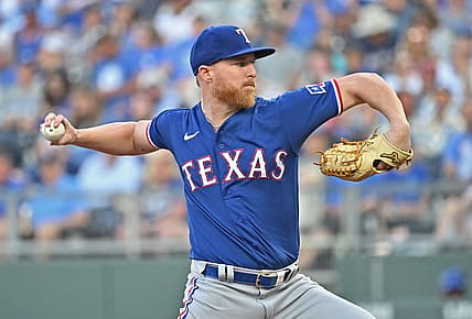 Jun 28, 2022; Kansas City, Missouri, USA;  Texas Rangers starting pitcher Jon Gray (22) delivers a pitch during the first inning against the Kansas City Royals at Kauffman Stadium. Mandatory Credit: Peter Aiken-USA TODAY Sports