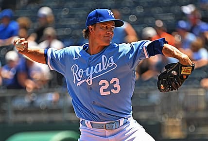 Jul 10, 2022; Kansas City, Missouri, USA;  Kansas City Royals starting pitcher Zack Greinke (23) delivers a pitch during the first inning against the Cleveland Guardians at Kauffman Stadium. Mandatory Credit: Peter Aiken-USA TODAY Sports