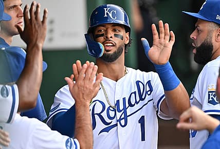 Jul 23, 2022; Kansas City, Missouri, USA;  Kansas City Royals catcher MJ Melendez (1) celebrates in the dugout after scoring a run during the third inning against the Tampa Bay Rays at Kauffman Stadium. Mandatory Credit: Peter Aiken-USA TODAY Sports