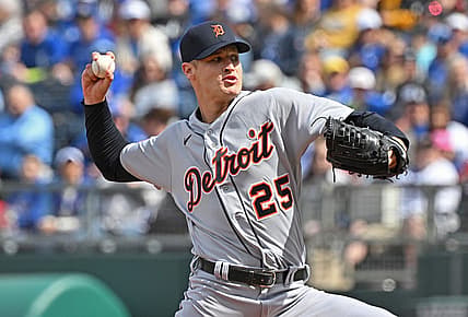 Apr 16, 2022; Kansas City, Missouri, USA;  Detroit Tigers starting pitcher Matt Manning (25) delivers a pitch during the first inning against the Kansas City Royals at Kauffman Stadium. Mandatory Credit: Peter Aiken-USA TODAY Sports