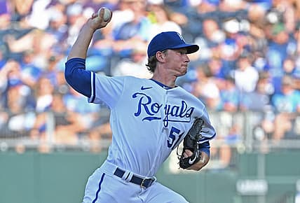 Jul 23, 2022; Kansas City, Missouri, USA;  Kansas City Royals starting pitcher Brady Singer (51) delivers against the Tampa Bay Rays during the first inning at Kauffman Stadium. Mandatory Credit: Peter Aiken-USA TODAY Sports