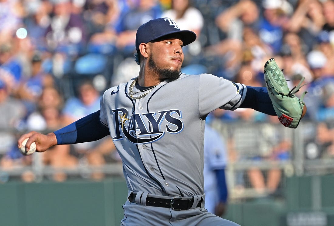 Jul 23, 2022; Kansas City, Missouri, USA;  Tampa Bay Rays starting pitcher Luis Patino (1) delivers against the Kansas City Royals during the first inning at Kauffman Stadium. Mandatory Credit: Peter Aiken-USA TODAY Sports