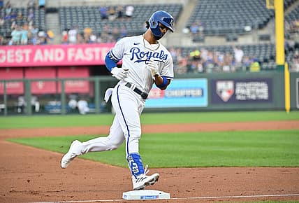 Aug 4, 2022; Kansas City, Missouri, USA; Kansas City Royals left fielder MJ Melendez (1) rounds third base after hitting a solo home run during the first inning against the Boston Red Sox at Kauffman Stadium. Mandatory Credit: Peter Aiken-USA TODAY Sports