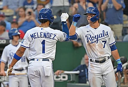Aug 4, 2022; Kansas City, Missouri, USA; Kansas City Royals left fielder MJ Melendez (1) celebrates with third baseman Bobby Witt Jr. (7) after hitting a solo home run during the first inning against the Boston Red Sox at Kauffman Stadium. Mandatory Credit: Peter Aiken-USA TODAY Sports