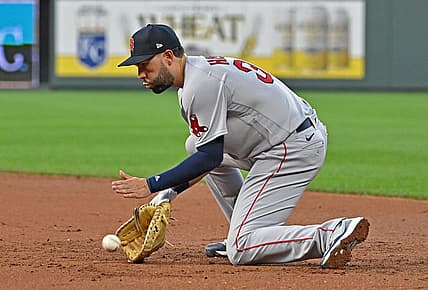 Aug 4, 2022; Kansas City, Missouri, USA; Boston Red Sox first baseman Eric Hosmer (35) fields a ground ball during the third inning against the Kansas City Royals at Kauffman Stadium. Mandatory Credit: Peter Aiken-USA TODAY Sports