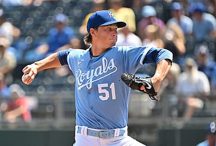 Aug 14, 2022; Kansas City, Missouri, USA;  Kansas City Royals starting pitcher Brady Singer (51) delivers a pitch during the first inning against the Los Angeles Dodgers at Kauffman Stadium. Mandatory Credit: Peter Aiken-USA TODAY Sports