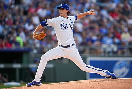 Aug 6, 2022; Kansas City, Missouri, USA; Kansas City Royals starting pitcher Daniel Lynch (52) pitches against the Boston Red Sox during the first inning at Kauffman Stadium. Mandatory Credit: Jay Biggerstaff-USA TODAY Sports