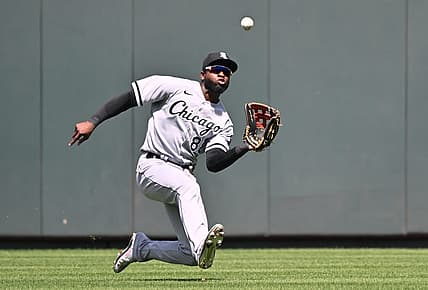 Aug 22, 2022; Kansas City, Missouri, USA;  Chicago White Sox center fielder Luis Robert (88) makes a sliding catch during the third inning against the Kansas City Royals at Kauffman Stadium. Mandatory Credit: Peter Aiken-USA TODAY Sports