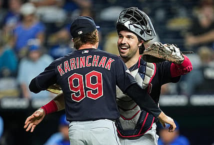 Sep 6, 2022; Kansas City, Missouri, USA; Cleveland Guardians catcher Austin Hedges (17) celebrates with relief pitcher James Karinchak (99) after defeating the Kansas City Royals at Kauffman Stadium. Mandatory Credit: Jay Biggerstaff-USA TODAY Sports