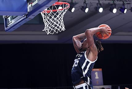 Nov 24, 2022; Paradise Island, BAHAMAS; Butler Bulldogs center Manny Bates (15) dunks during the second half against the Brigham Young Cougars at Imperial Arena. Mandatory Credit: Kevin Jairaj-USA TODAY Sports