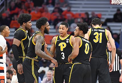 Dec 20, 2022; Syracuse, New York, USA; Pittsburgh Panthers forward Blake Hinson (2) talks to his teammates in the second half against the Syracuse Orange at JMA Wireless Dome. Mandatory Credit: Mark Konezny-USA TODAY Sports