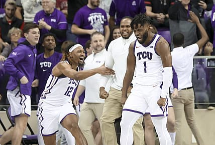 Dec 31, 2022; Fort Worth, Texas, USA;  TCU Horned Frogs guard Mike Miles Jr. (1) reacts after scoring during the second half against the Texas Tech Red Raiders at Ed and Rae Schollmaier Arena. Mandatory Credit: Kevin Jairaj-USA TODAY Sports