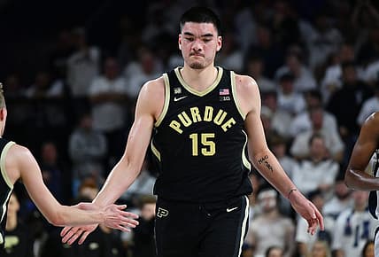 Jan 8, 2023; Philadelphia, Pennsylvania, USA; Purdue Boilermakers center Zach Edey (15) celebrates after scoring against the Penn State Nittany Lions in the second half at The Palestra. Mandatory Credit: Kyle Ross-USA TODAY Sports
