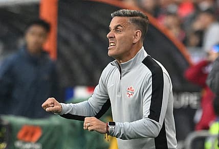 Jun 27, 2023; Toronto, Ontario, CAN; Canada head coach John Herdman reacts to play on the field against Guadeloupe in the second half at BMO Field. Mandatory Credit: Dan Hamilton-USA TODAY Sports