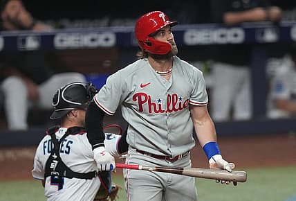 Jul 31, 2023; Miami, Florida, USA; Philadelphia Phillies designated hitter Bryce Harper (3) strikes out against the Miami Marlins in the fifth inning at loanDepot Park. Mandatory Credit: Jim Rassol-USA TODAY Sports