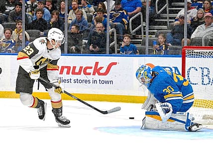St. Louis Blues goaltender Joel Hofer makes a save on Cole Reinhardt 11/15/2025 (Photo/Screenshot- St. Louis Blues via Twitter)