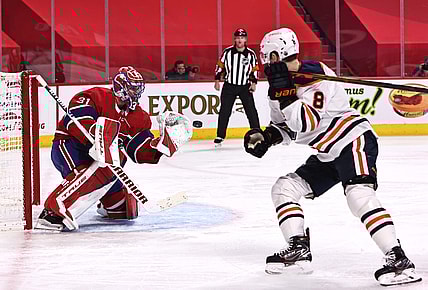 Mar 30, 2021; Montreal, Quebec, CAN; Montreal Canadiens goaltender Carey Price (31) makes a save against Edmonton Oilers center Kyle Turris (8) during the first period at Bell Centre. Mandatory Credit: Jean-Yves Ahern-USA TODAY Sports