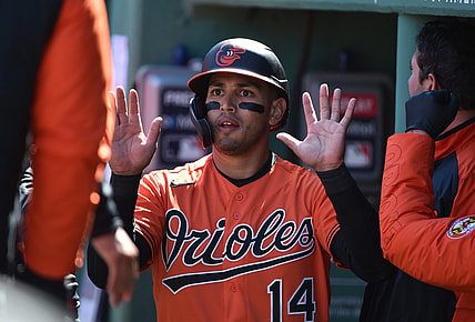 Apr 3, 2021; Boston, Massachusetts, USA;  Baltimore Orioles second baseman Rio Ruiz (14) is greeted in the dugout after scoring a run during the fourth inning against the Boston Red Sox at Fenway Park. Mandatory Credit: Bob DeChiara-USA TODAY Sports