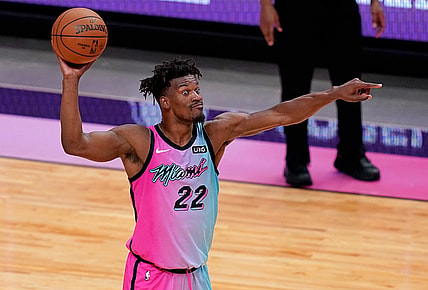 Apr 8, 2021; Miami, Florida, USA; Miami Heat forward Jimmy Butler (22) directs a play against the Los Angeles Lakers during the second half at American Airlines Arena. Mandatory Credit: Jasen Vinlove-USA TODAY Sports