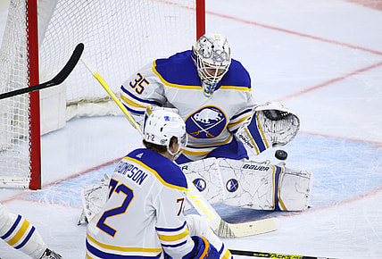 Apr 11, 2021; Philadelphia, Pennsylvania, USA; Buffalo Sabres goalie Linus Ullmark (35) makes a save in the first period against the Philadelphia Flyers at Wells Fargo Center. Mandatory Credit: Kyle Ross-USA TODAY Sports