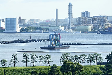July 16, 2021; Tokyo, JAPAN;  General view of the Olympic rings seen in Tokyo Bay before the Tokyo 2020 Summer Olympic Games. Mandatory Credit: Rob Schumacher-USA TODAY Sports