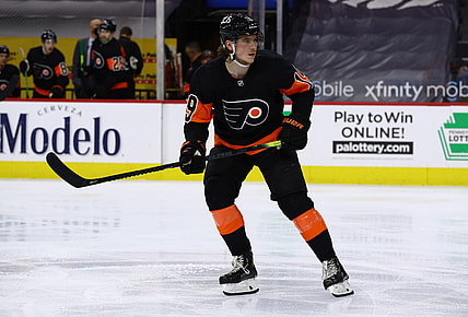 Apr 11, 2021; Philadelphia, Pennsylvania, USA; Philadelphia Flyers center Nolan Patrick (19) skates through the offensive zone in the second period against the Buffalo Sabres at Wells Fargo Center. Mandatory Credit: Kyle Ross-USA TODAY Sports