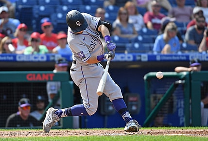 Sep 12, 2021; Philadelphia, Pennsylvania, USA; Colorado Rockies second baseman Garrett Hampson (1) hits a three run home run during the fifth inning against the Philadelphia Phillies at Citizens Bank Park. Mandatory Credit: Eric Hartline-USA TODAY Sports